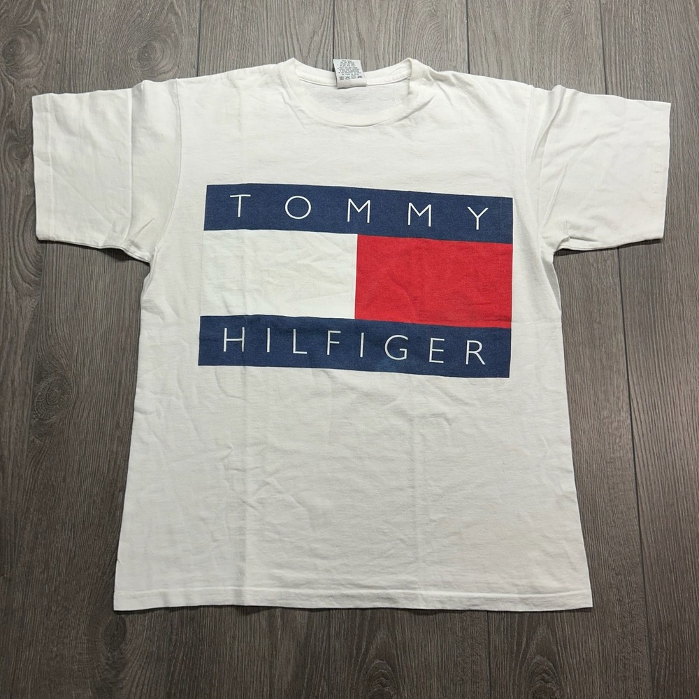Vintage Tommy Hilfiger Flag Logo T-Shirt Mens Medium White 90s Made in USA